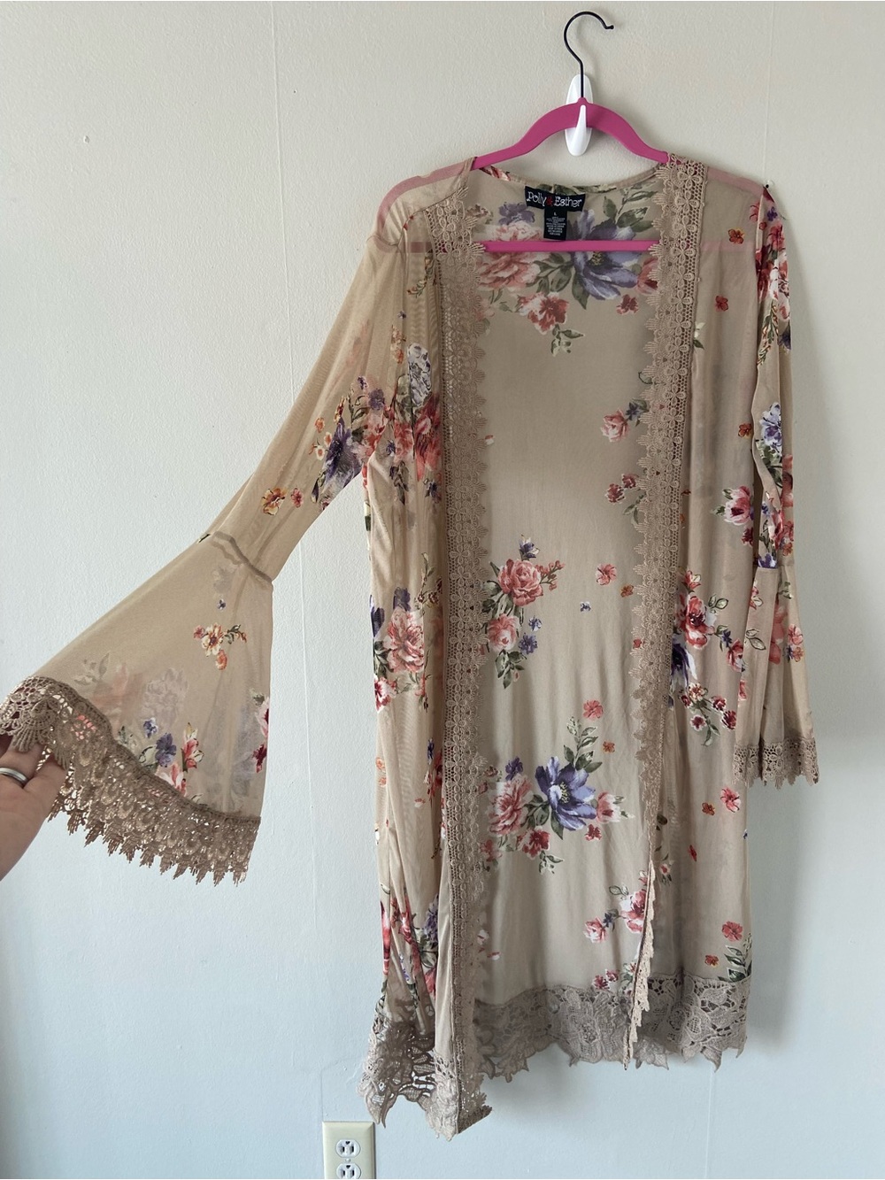 Boho country chic floral kimono duster cardigan size large bell sleeves